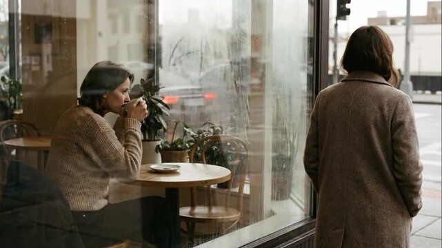Woman inside cafe aiming camera toward person outside window