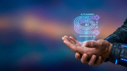 Generative ai high level planning hologram over human hand symbolizing futuristic strategy and innovation concept in blurred city background