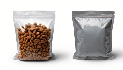 Two Stand-Up Pouches - One Filled with Snacks, One Empty.
