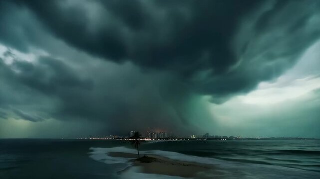 Storm clouds gather over the ocean near the city at dusk while waves crash against the shore