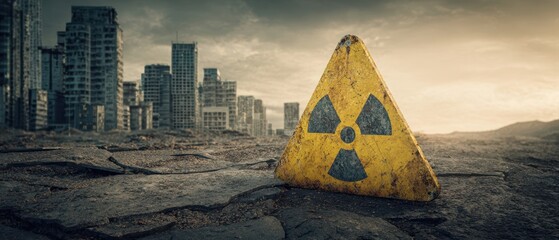 The radioactive warning sign in a desolate postapocalyptic cityscape under a stormy sky