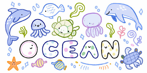 Colorful ocean creatures and seaweed surrounding the word ocean in a doodle style