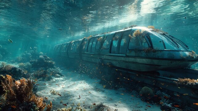 Sunken futuristic train slowly overtaken by corals and fish on the ocean floor under clear blue water ideal for sci-fi storytelling and underwater concept art
