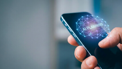 Generative ai high level planning concept on mobile phone screen showing digital brain interface for futuristic strategy and innovation