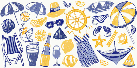A colorful collection of summer themed illustrations including hats drinks and beach items © Sujal