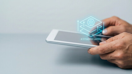 Generative ai high tech concept level diagram for planning strategy hologram over digital tablet in hand minimal modern style closeup view