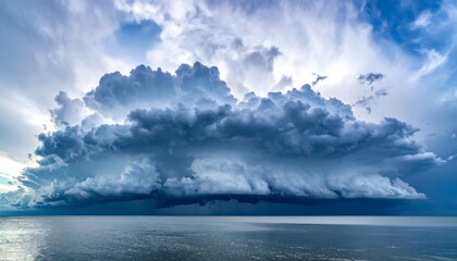 Fototapeta premium Large, dark cumulonimbus cloud dominates the sky above calm ocean waters