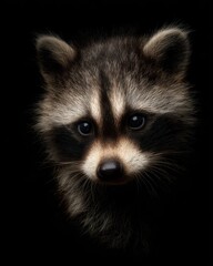 baby raccoon small subject, strong negative space