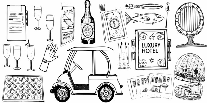 A collection of luxury items champagne golf cart and hotel elements sketched in black and white