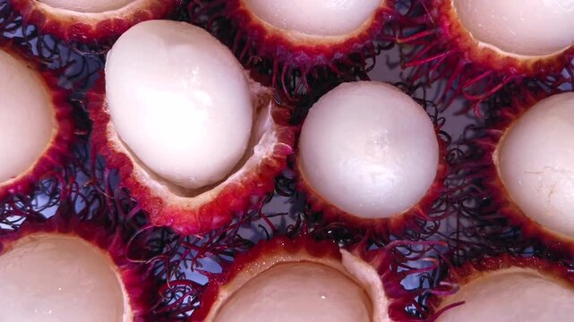 Close-up footage of fresh tropical rambutan fruit revealing its white flesh, showcasing soft texture, natural moisture, and the appearance of a ripe exotic fruit.