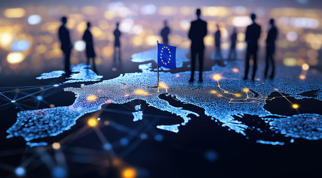 EU flag marks digital Europe map with silhouetted leaders and connections.