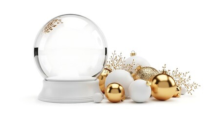 Empty Snow Globe with Golden and White Christmas Ornaments on White Background.