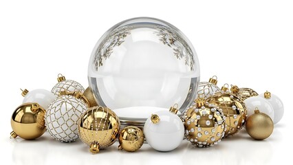 Empty Snow Globe with Gold and White Christmas Ornaments.