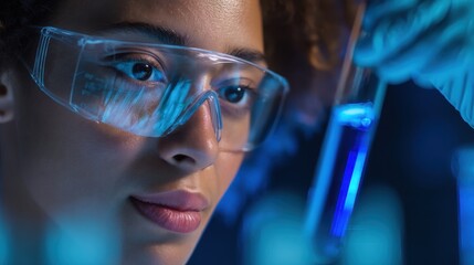 Focused female scientist examining test tube in laboratory setting