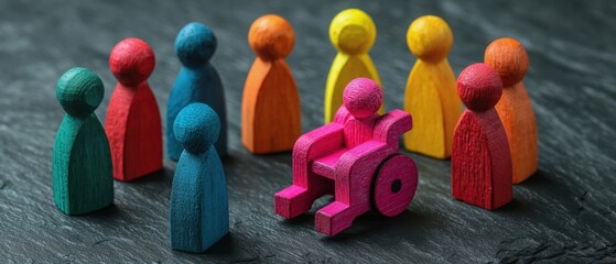 The pink wooden wheelchair figure surrounded by colorful wooden people representing inclusion and community