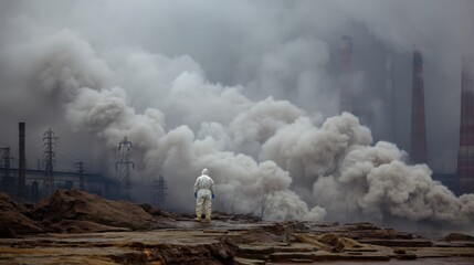 Industrial pollution overview with individual in protective gear amidst factory smog