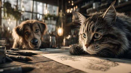 Photorealistic Anthropomorphic Cats and Dogs Creating Together in a Contemporary Studio, Emotional Storytelling, Cinematic Perspective, Copy Space