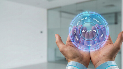 Generative ai high tech hologram level interface planning future data strategy model in business office scene with human hand support