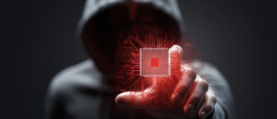 The Microchip Interface with Hooded Hacker Reaching Toward Glowing Red Circuit Matrix