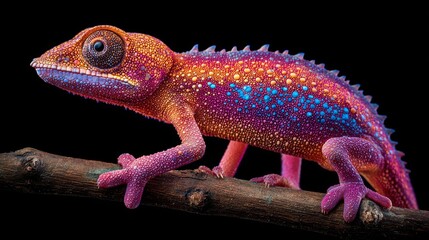 A strikingly iridescent chameleon displays vibrant chromatic patterns across its detailed dorsal plating while perched on a textured branch.