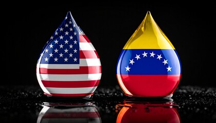 Two oil drop-shaped objects with Venezuelan and U.S. flags on dark background