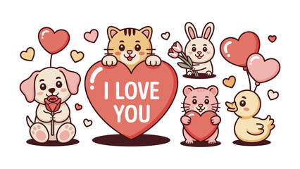 Obraz premium Sweethearts' Valentines: A collection of adorable animal friends celebrate love with hearts and tender sentiments, a delightful depiction of friendship and affection.
