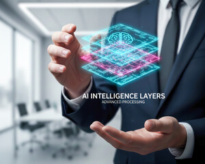 Generative ai high level planning concept hologram over businessman hand showing digital brain layer interface in bright modern office