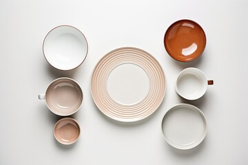 Arranging various minimalist ceramic plates, bowls, and coffee cups in a flat lay composition