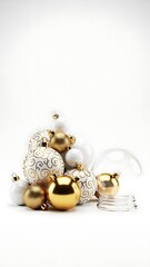 Elegant Gold and White Christmas Ornaments Pile on a Clean White Background.