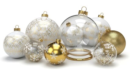 Elegant Collection of Silver and Gold Christmas Ornaments on White Background.
