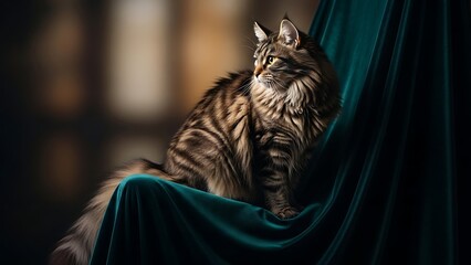 Elegant feline rests on a teal draped surface studio portraiture concept