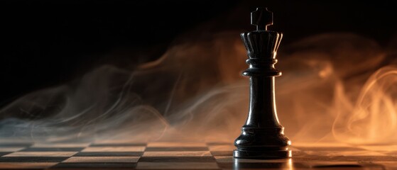 The Chess King Standing on a Smoky Chessboard with Dramatic Low Light Cinematic Mood