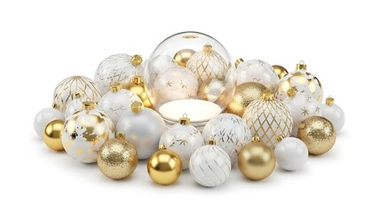 Elegant Collection of Assorted Christmas Ornaments in White and Gold.