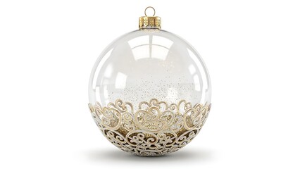 Elegant Clear Glass Christmas Ornament with Gold Filigree Detail on White Background.
