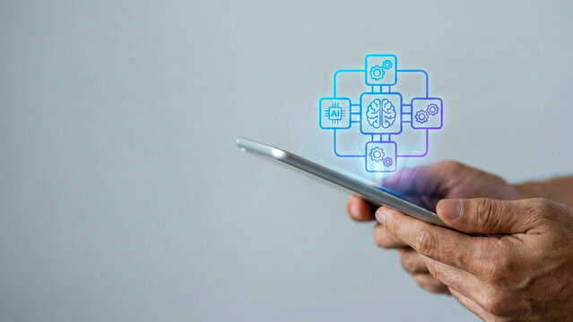 Generative ai high level planning concept digital icon hover above mobile device in hand showing modern technology innovation and data strategy - Powered by Adobe