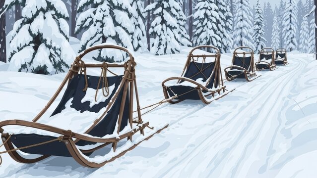 Empty dog sleds lined up on a snowy trail in a winter forest.