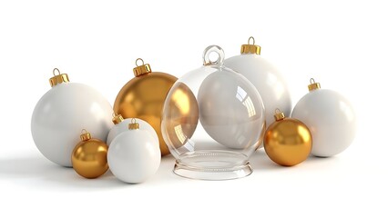 Elegant Christmas Ornaments Collection with Gold, White, and Clear Glass Baubles.