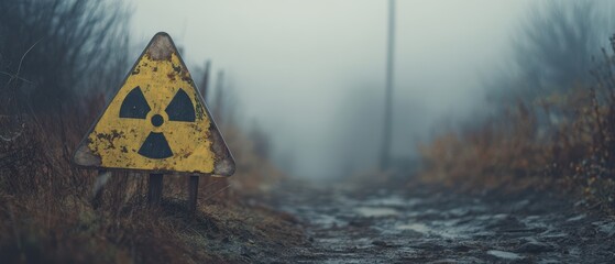 The Radioactive Warning Sign Beside a Foggy Abandoned Dirt Road in Wilderness