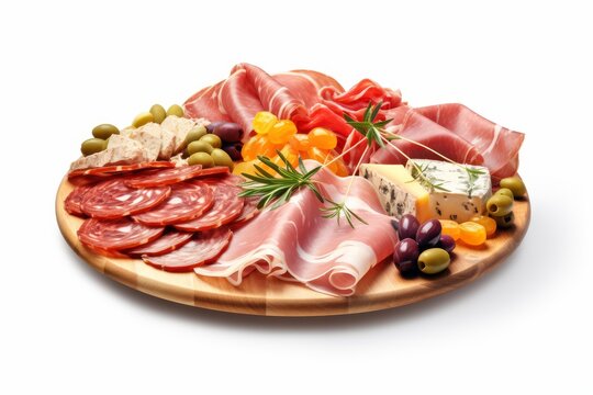 Charcuterie board with assorted meats, cheeses, olives, bread, and rosemary on a white background