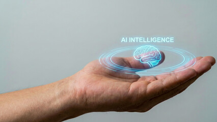 Generative ai high tech brain hologram level interface planning concept floating over human hand