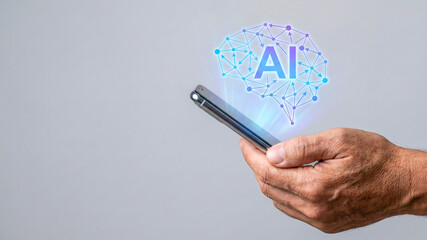 Generative ai high level planning concept with glowing digital brain hologram above smartphone screen hand showing modern mobile technology vision