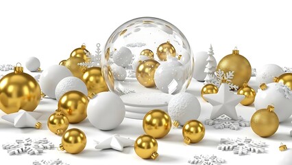 Elegant Christmas Ornaments Collection Gold White Snowflakes and Snow Globe.