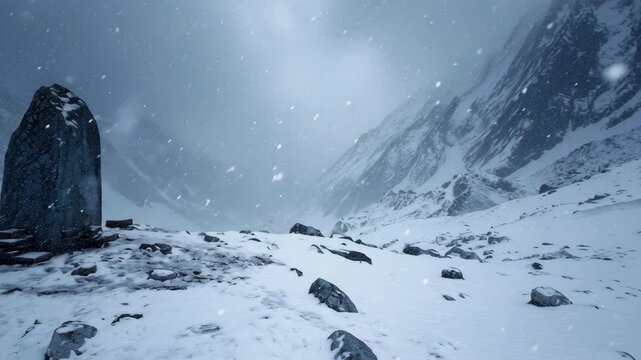 Ancient Sacred Shiva Lingam Ritual Amidst Snow-Covered Himalayan Mountains in a Mystical Landscape