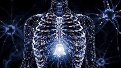 Human Torso X-Ray with Glowing Heart and Neural Network Background.