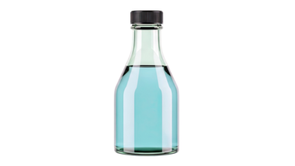 Clear Glass Bottle with Blue Liquid and Black Cap
