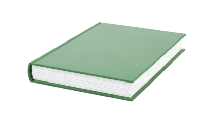 Closed green hardcover book on a light grey background