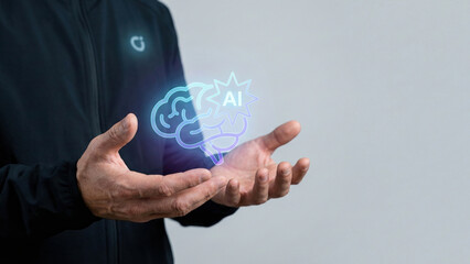 Generative ai high level planning concept with digital brain icon floating between hands in soft light mood