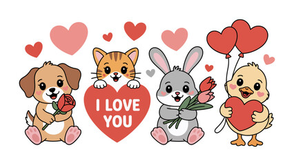 Valentine's Day Cuties: Adorable cartoon animals, including a puppy, kitten, bunny, and chick, share heartfelt sentiments of love. Each character holds symbolic objects and interacts.