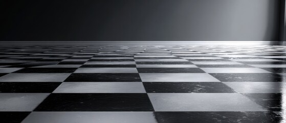 The Checkerboard Floor Reflecting Light in an Empty Minimalist Monochrome Interior Space