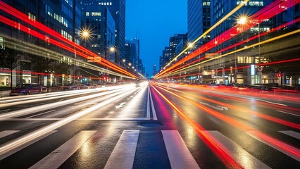 Dynamic long exposure of urban street at night with vibrant light trails from passing vehicles.
